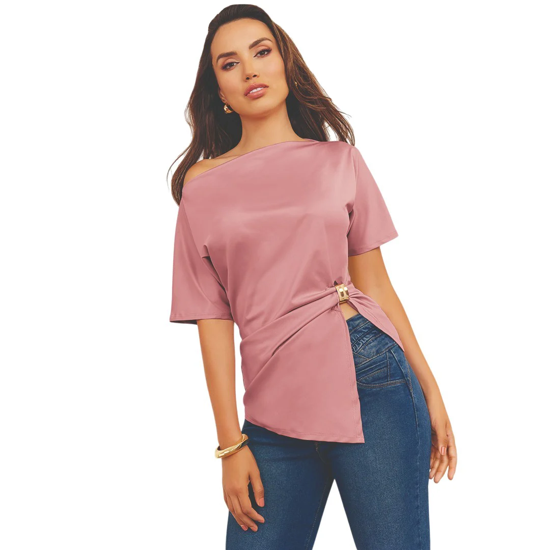 BLUSA DRAPEADA CON APLIQUE ROSA 50069