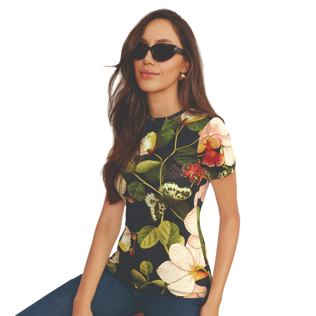 BLUSA FLORES TROPICALES NEGRA MANGA CORTA 93076