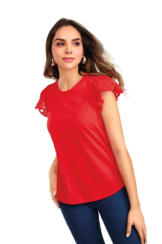 BLUSA ROJO CON MANGA DE TIRA BORDADA 91368