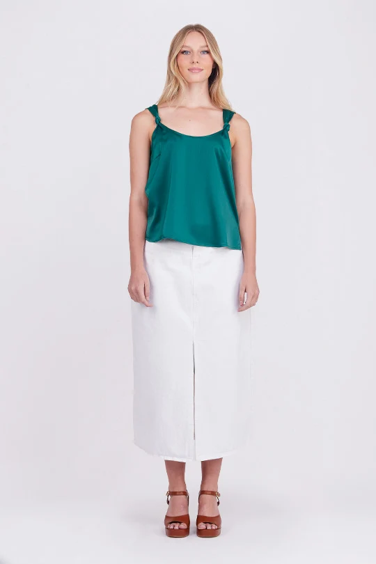 BLUSA VERDE SATINADA CON NUDOS EN LOS TIRANTES