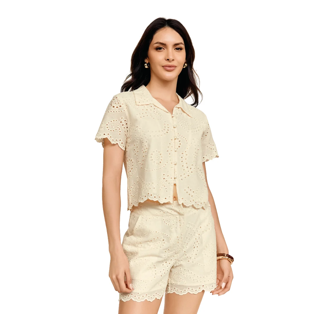 CAMISA BORDADA MANGA CORTA BEIGE 90979