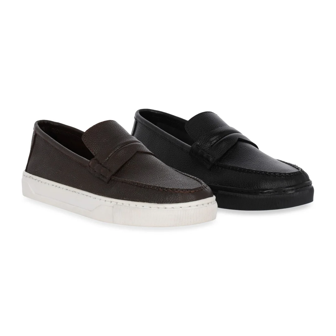 DUO 001 MOCASIN DE PISO CAFE Y NEGRO PIEL