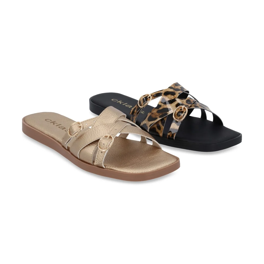 SANDALIA ORO Y ANIMAL PRINT DE TIRAS DUO 131