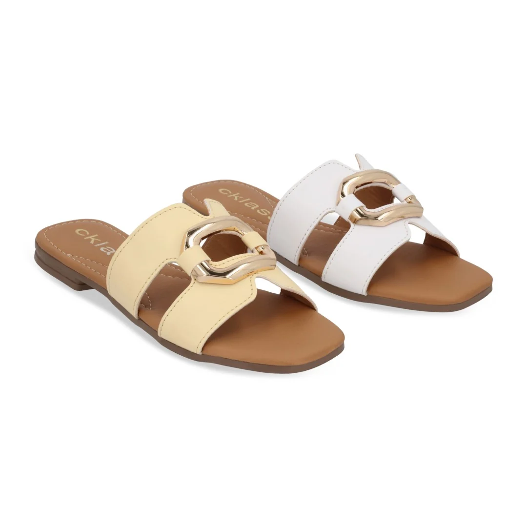 SANDALIA DE PISO BLANCO Y AMARILLO HERRAJE DUO 623