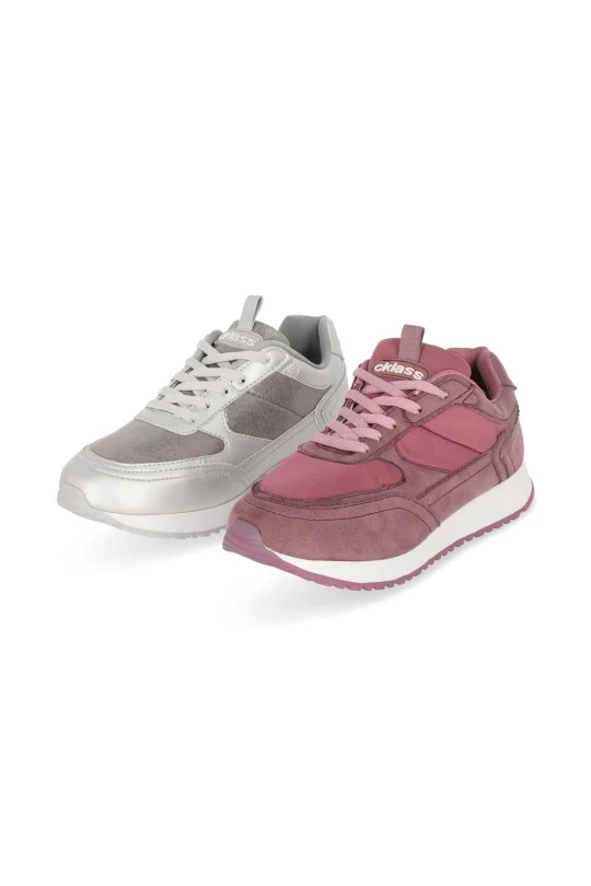 DÚO DE TENIS CASUAL MORADO Y PLATA CON CINTAS DUO570