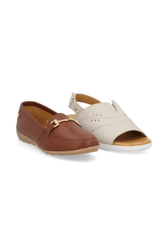 DÚO SANDALIA-ZAPATO DE PISO HUESO Y CAFÉ DE PIEL 26225
