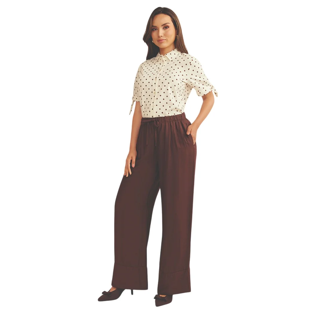 PANTALÓN AMPLIO CON CINTURA ELÁSTICA CAFÉ 91196 - Image 2