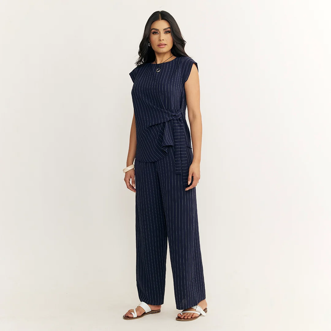 PANTALÓN PALAZZO RAYAS CON LAZO MARINO 90986 - Image 3