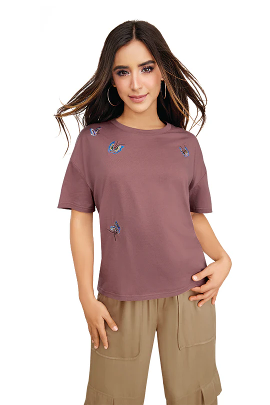 PLAYERA MORADO DE BORDADO MARIPOSAS 91023