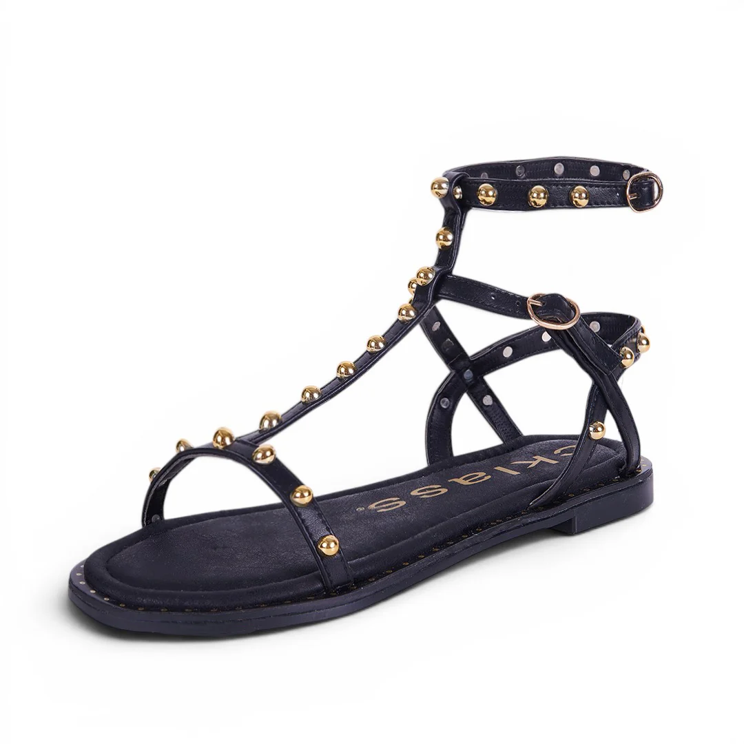 SANDALIA CON REMACHES DORADOS NEGRO 32245