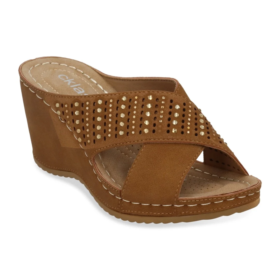 SANDALIA DE PLATAFORMA CORRIDA MUJER MIEL CON BRILLOS 70458