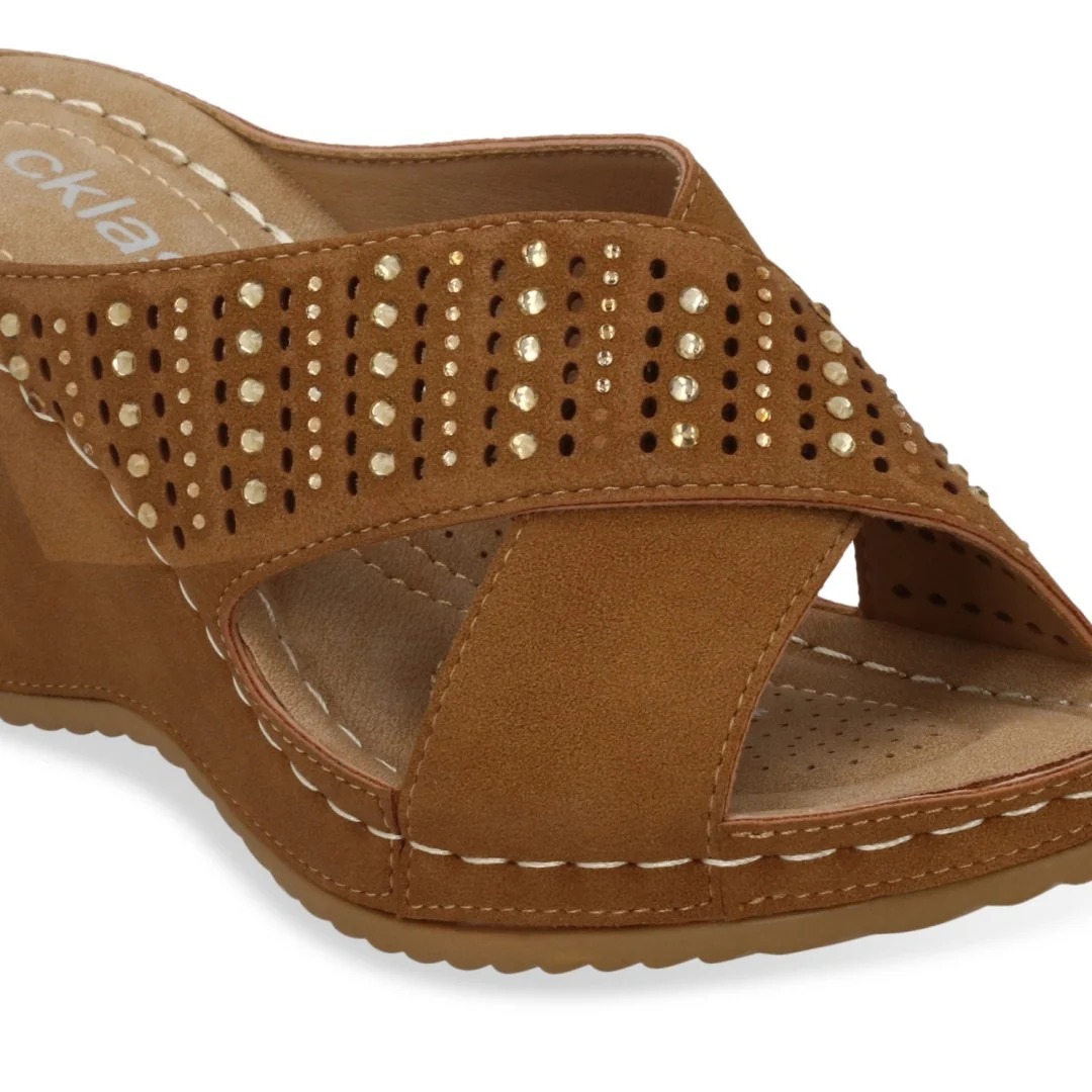 SANDALIA DE PLATAFORMA CORRIDA MUJER MIEL CON BRILLOS 70458 - Image 6