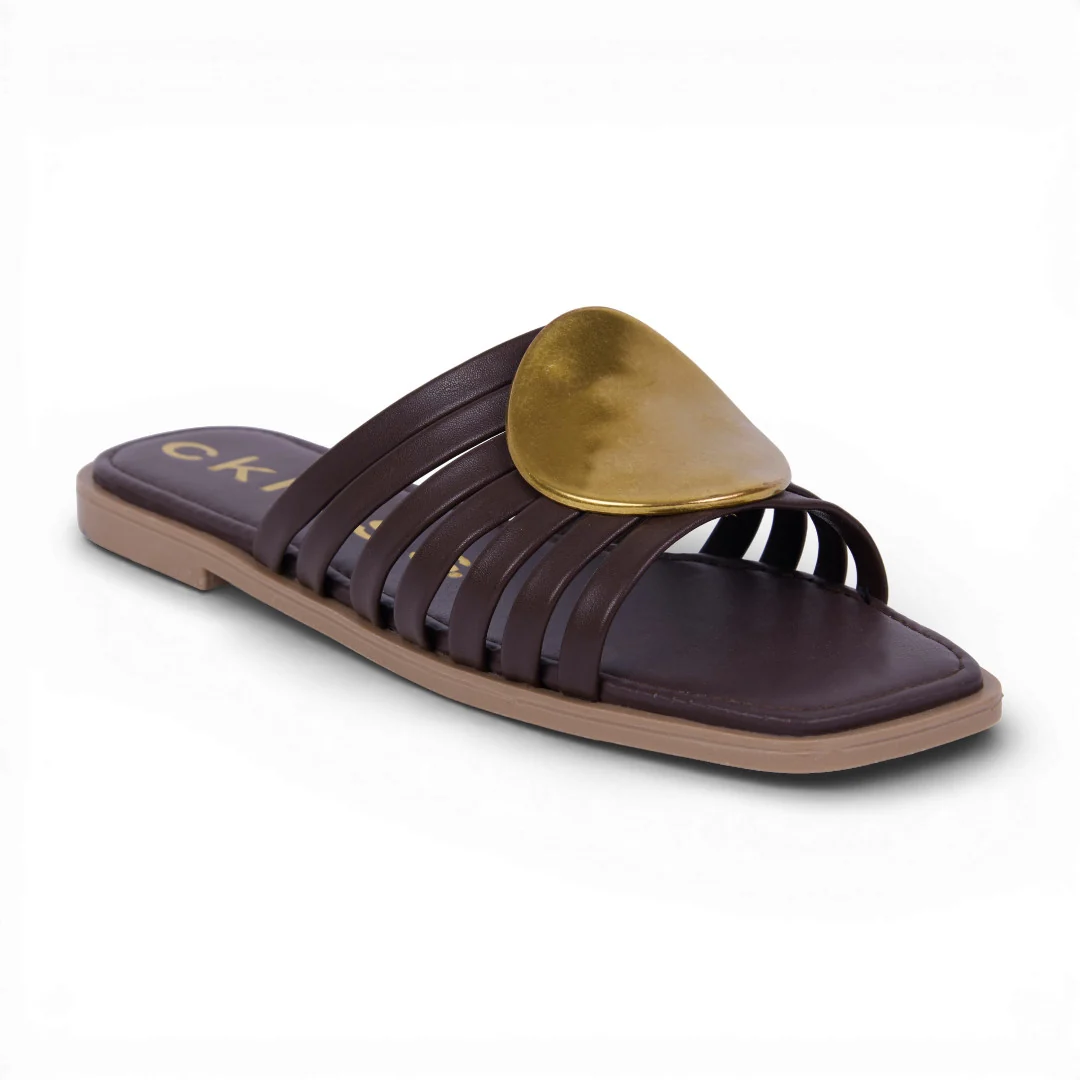 SANDALIA PLANA CON HERRAJE DORADO NEGRO 10636