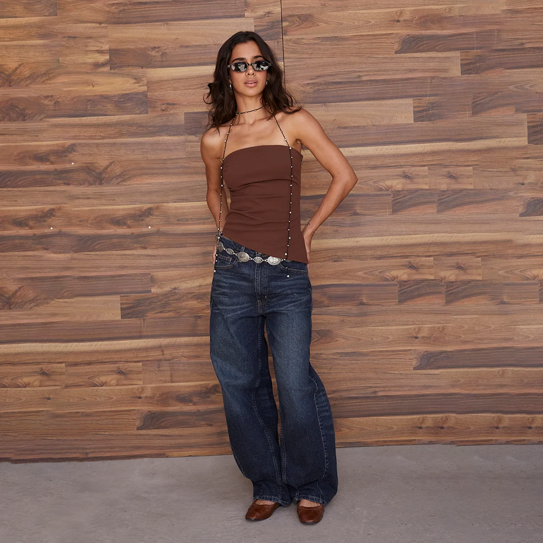 TOP STRAPLESS ASIMÉTRICO DRAPEADO CAFÉ 99572