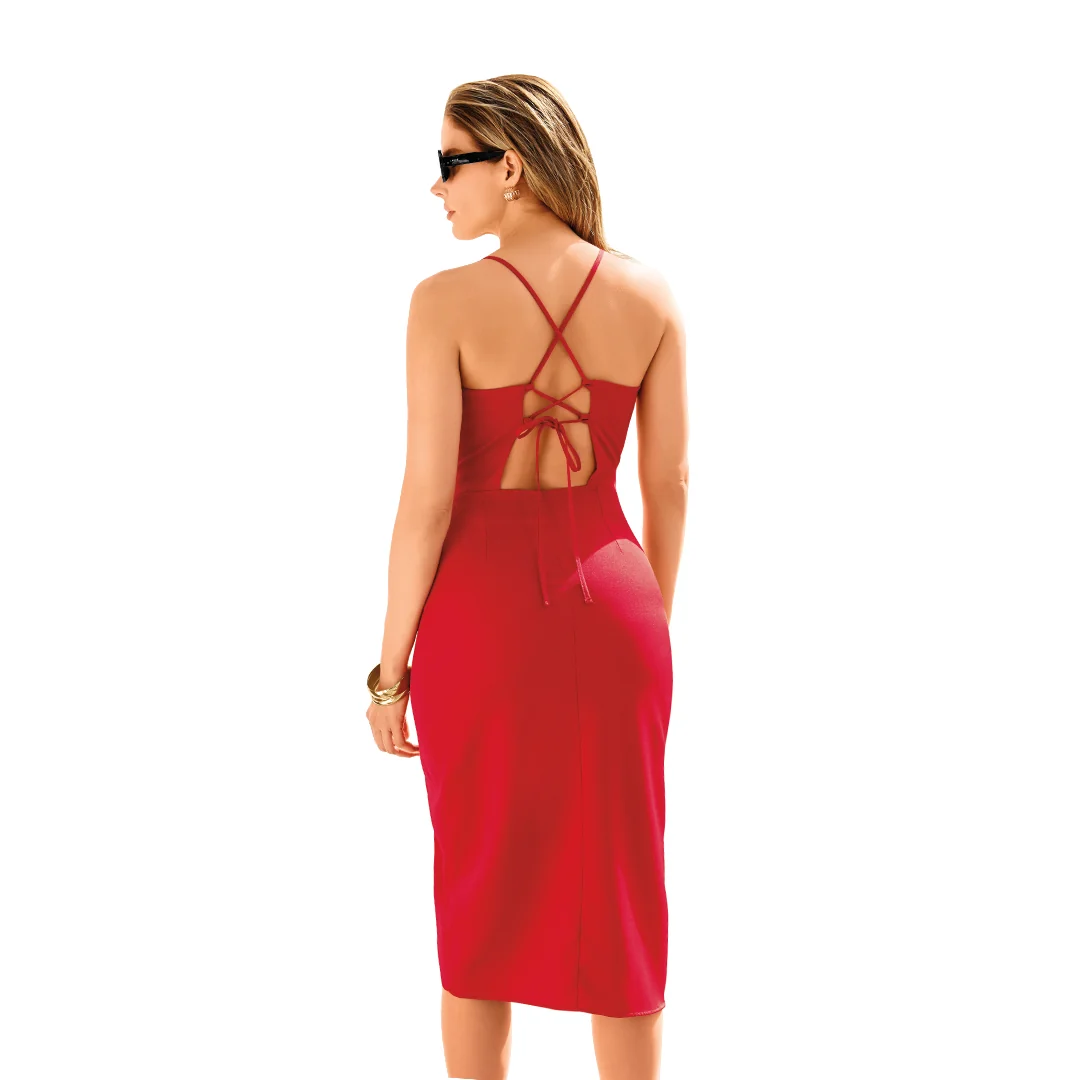VESTIDO AJUSTADO CON TIRANTES CRUZADOS ROJO 40578 - Image 3