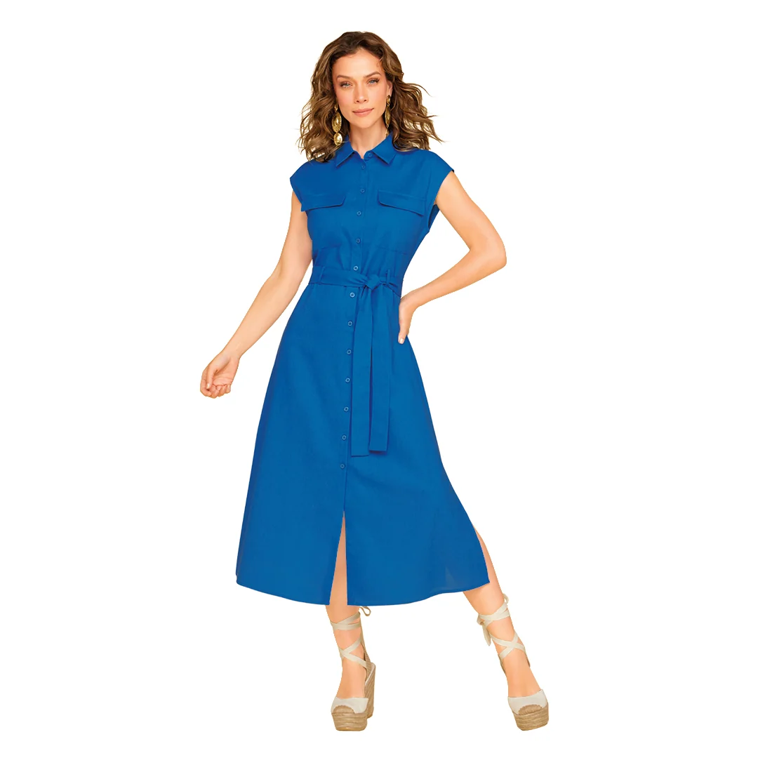 VESTIDO AZUL CAMISERO DE LINO 90148