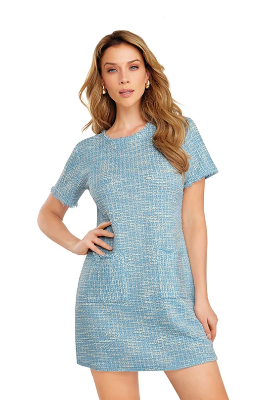VESTIDO AZUL DE TELA TIPO TWEED CON BOLSILLOS 91231