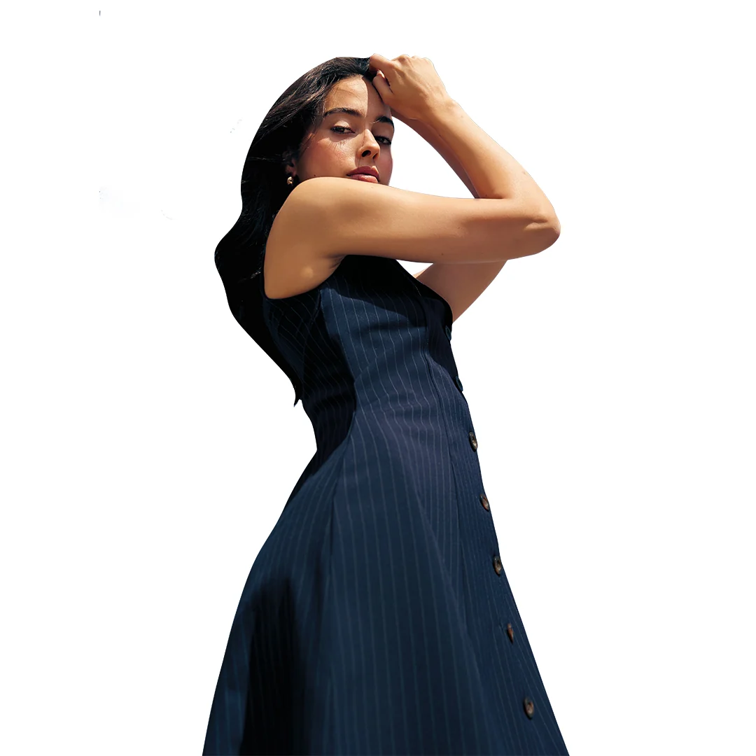 VESTIDO AZUL MARINO CON LÍNEAS Y CUELLO RESORT 48136 - Image 3