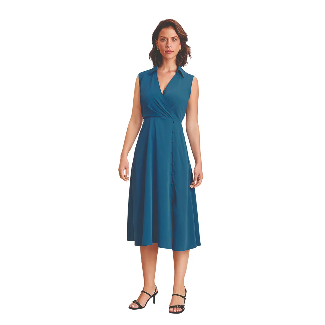 VESTIDO AZUL MIDI CON BOTONES FORRADOS 90297