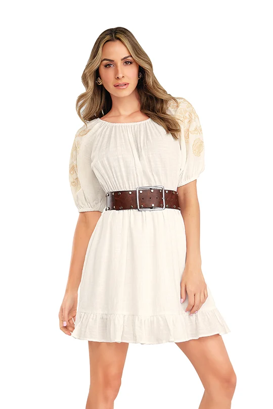 VESTIDO BLANCO CON SMOCK Y BORDADO EN MANGAS 96087