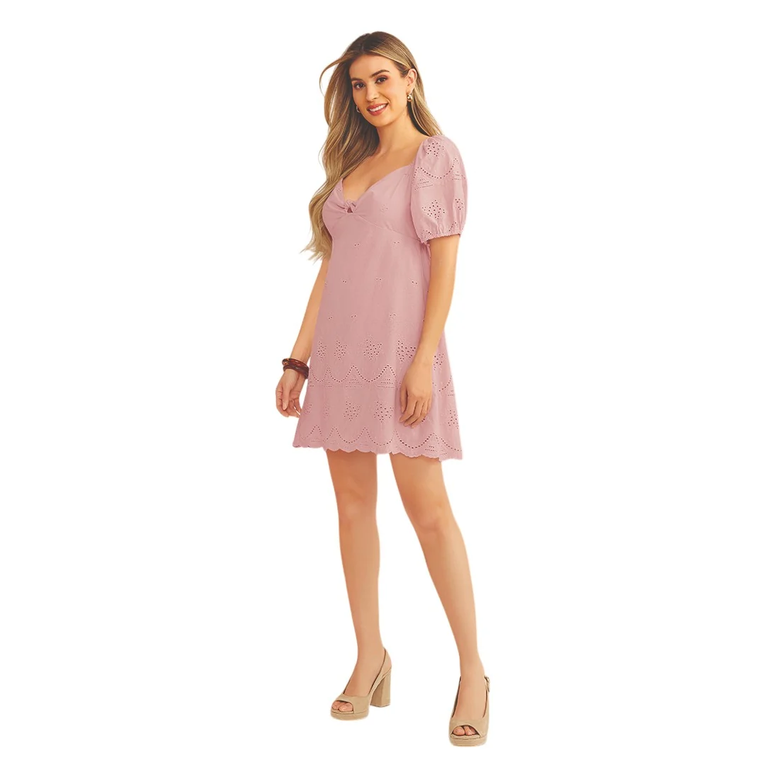 VESTIDO BORDADO CON MANGA ABULLONADA ROSA 92658