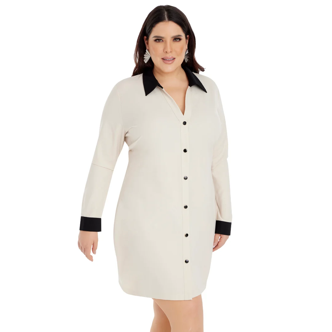VESTIDO CAMISERO BEIGE CON DETALLES EN NEGRO MUJER 90228 - Image 2