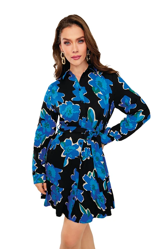 VESTIDO ESTAMPADO FLORAL NEGRO CON AZUL 96054