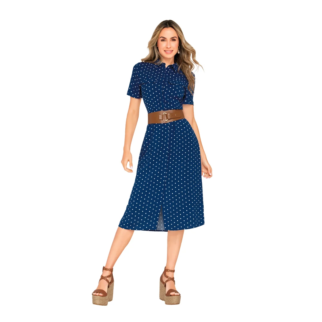 VESTIDO MARINO CON LUNES TIPO CAMISERO 99938