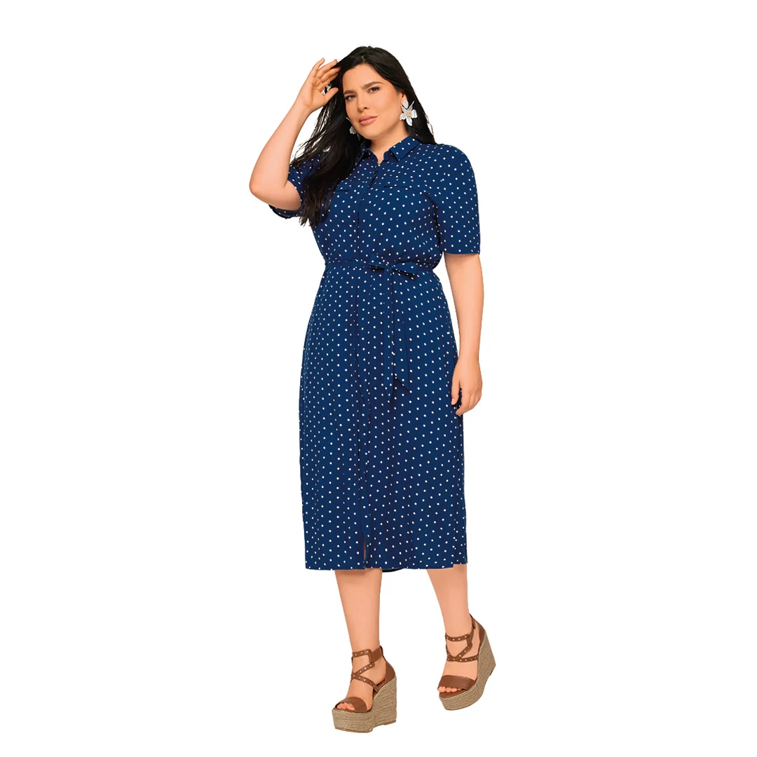 VESTIDO MARINO CON LUNES TIPO CAMISERO 99938 - Image 2