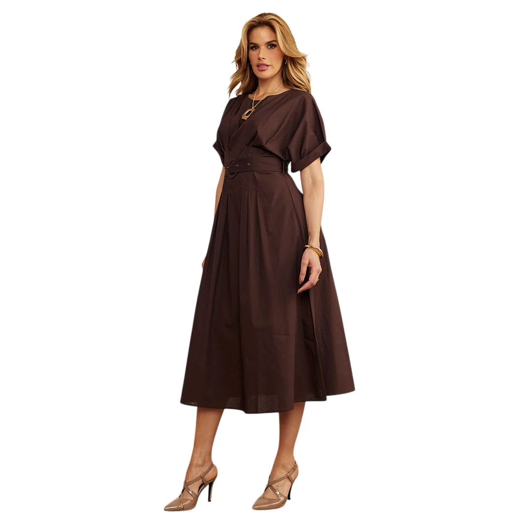 VESTIDO MIDI CON CINTURÓN AJUSTABLE CAFÉ 90983