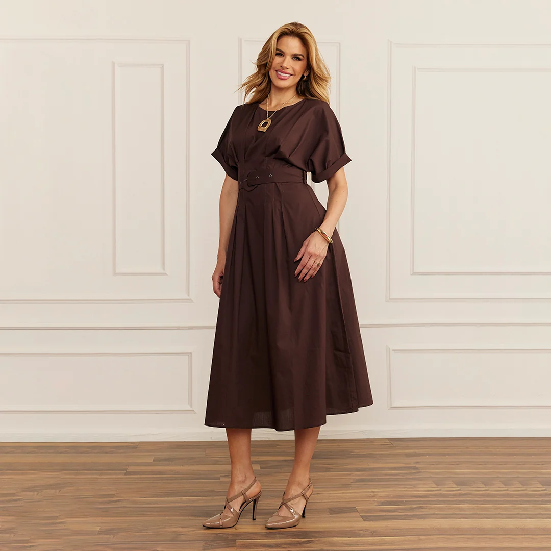 VESTIDO MIDI CON CINTURÓN AJUSTABLE CAFÉ 90983 - Image 2