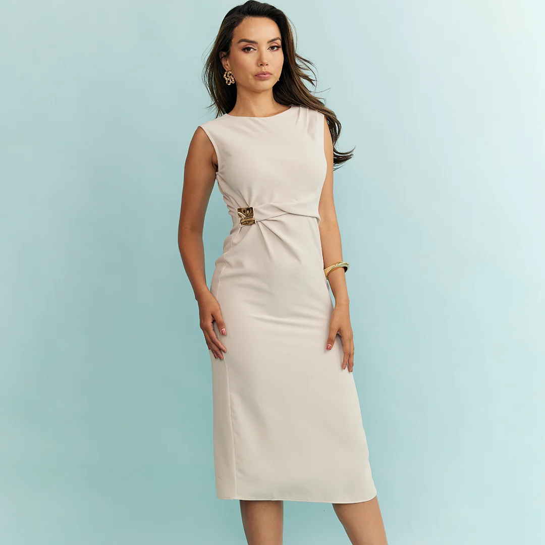 VESTIDO MIDI DRAPEADO BEIGE 99544 - Image 2