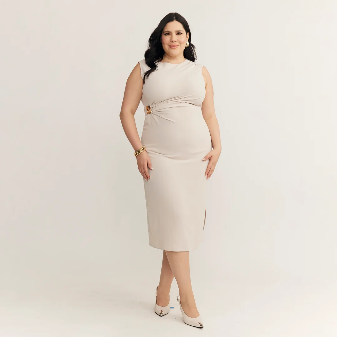 VESTIDO MIDI DRAPEADO BEIGE 99544 - Image 3