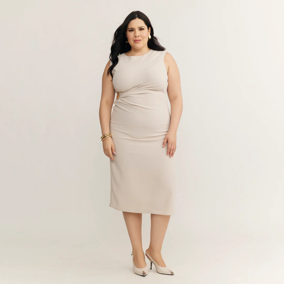 VESTIDO MIDI DRAPEADO BEIGE 99544 - Image 7