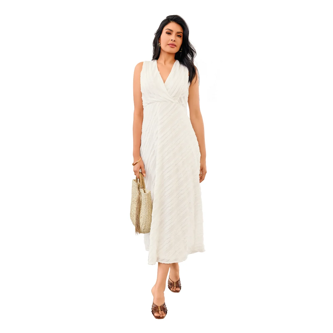 VESTIDO MIDI TEXTURIZADO ESCOTE V BLANCO 92145