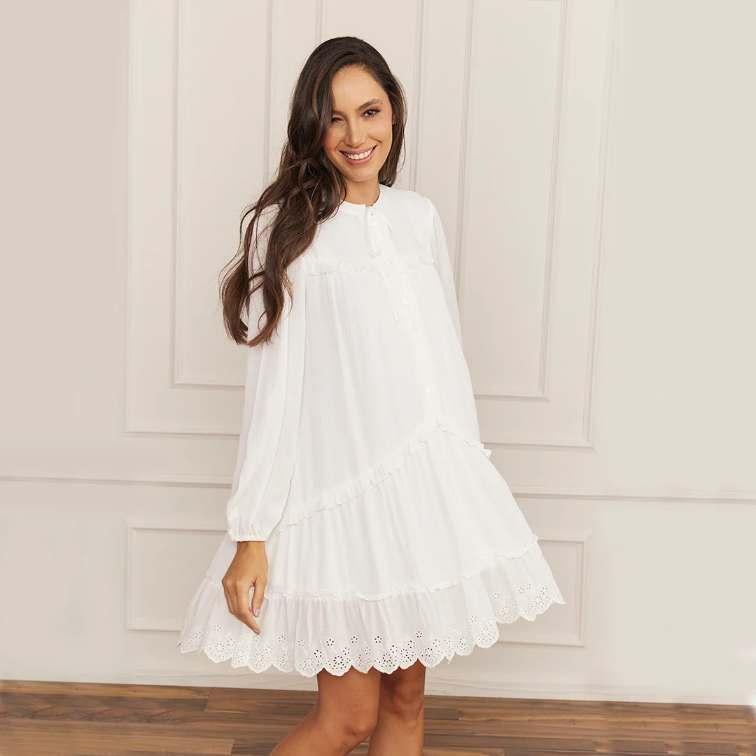 VESTIDO CON OLANES Y BORDADO IVORY 92659 - Image 3