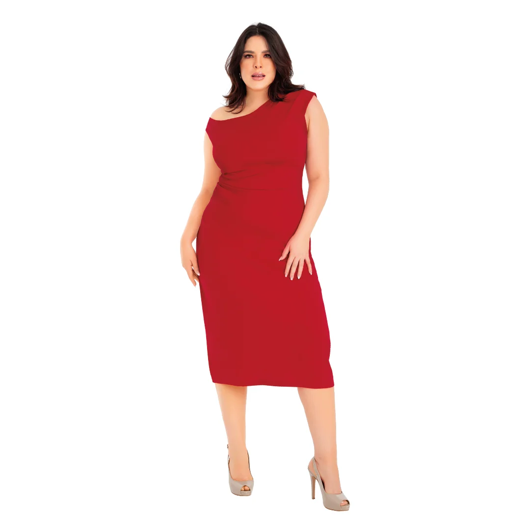 VESTIDO ROJO CON PLISADO Y ESCOTE ASIMÉTRICO 94329 - Image 2