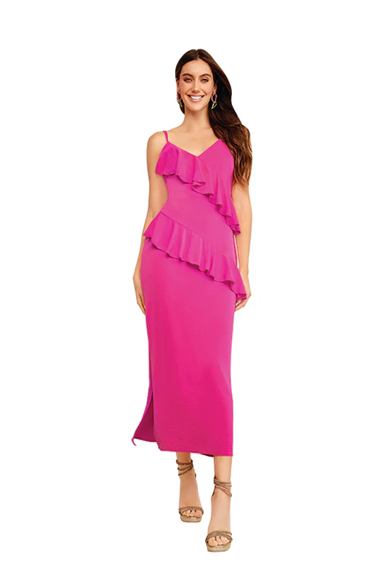 VESTIDO ROSA CON OLANES DE TIRANTES 00791