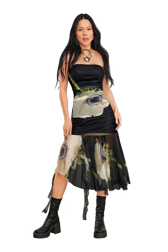 VESTIDO STRAPLESS NEGRO CON ESTAMPADO 91232