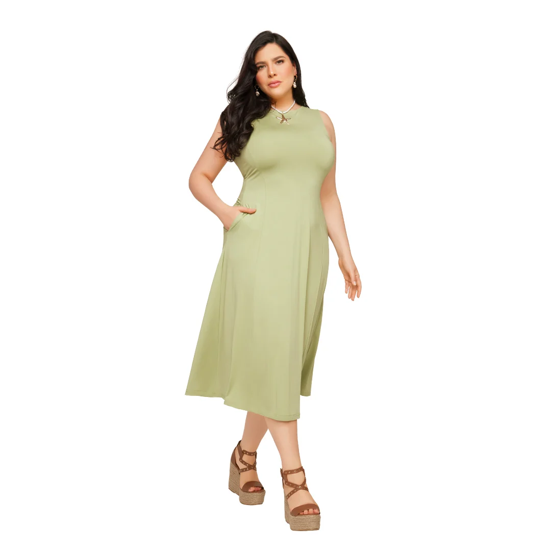 VESTIDO VERDE CON BOLSILLOS LARGO MIDI 91256 - Image 2