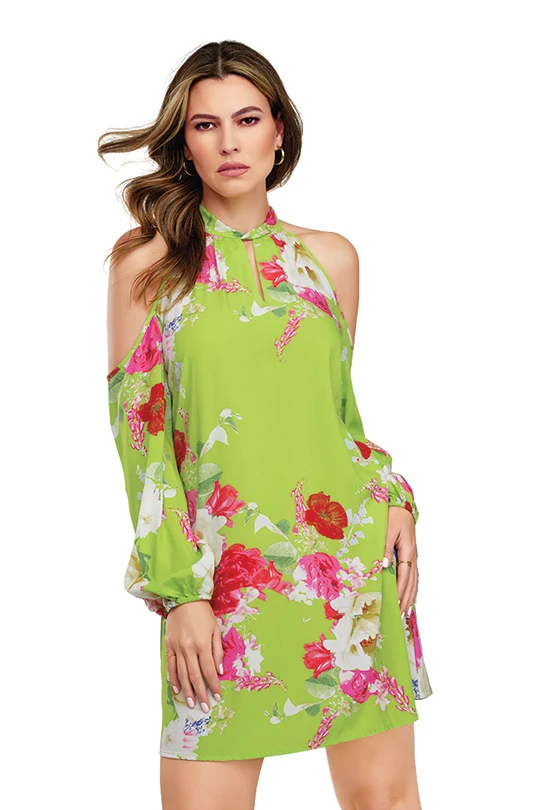 VESTIDO VERDE CON FLORES Y HOMBROS DESCUBIERTOS 91353
