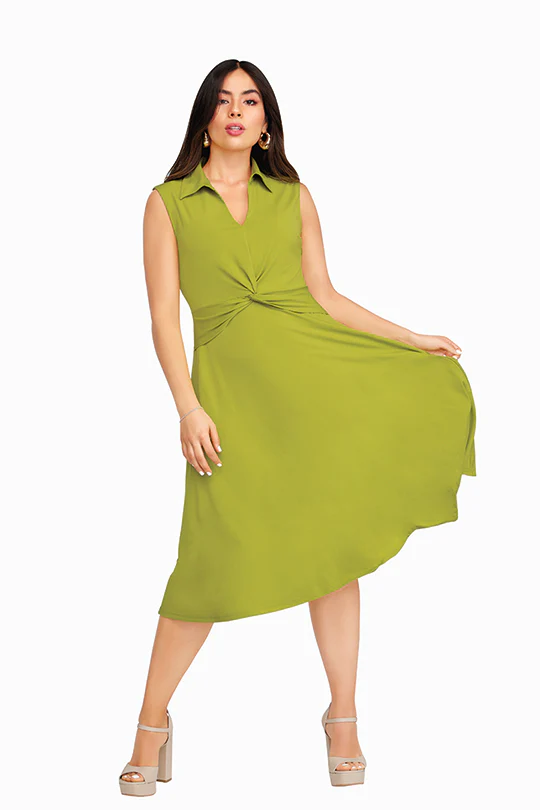 VESTIDO VERDE DE CUELLO CON DETALLE EN CINTURA 93029 - Image 2